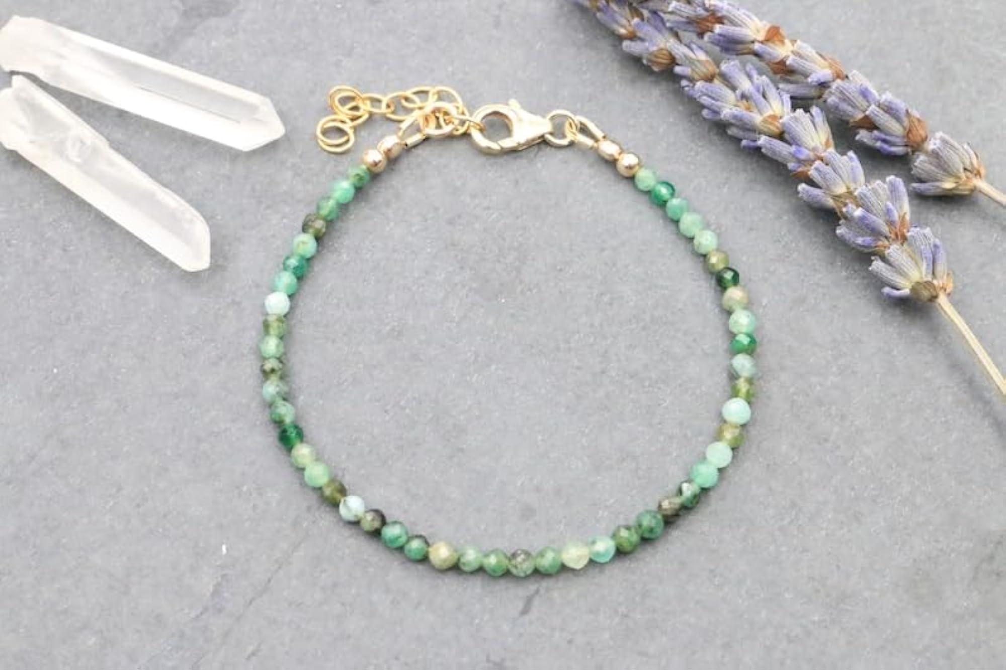 Emerald Round Beaded Bracelet with Gold Lock, Adjustable